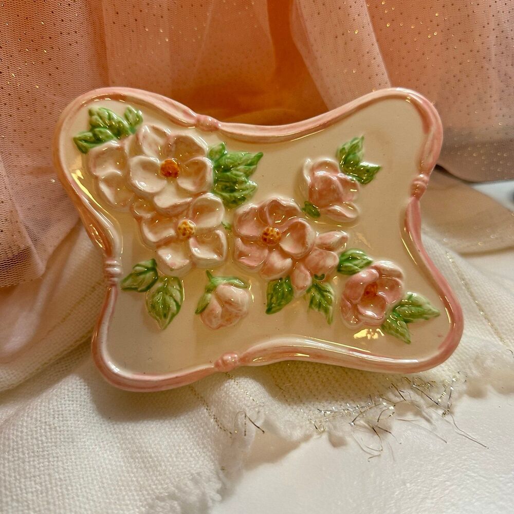 Vintage Trinket Dish With Lid Apple Blossoms by Mallory Ceramics Jamar 1955